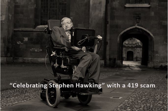 “Celebrating Stephen Hawking” With a 419 Scam | Email Quiz Scam